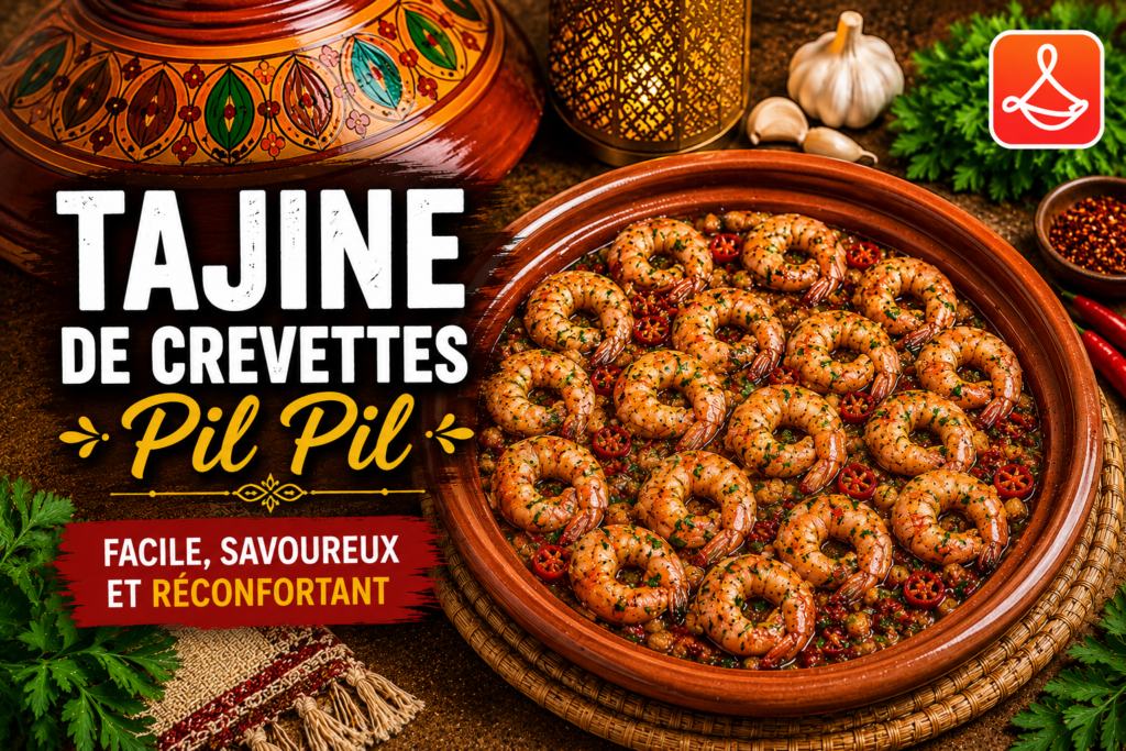 Tajine de crevettes pil pil épicé servi dans un plat marocain traditionnel